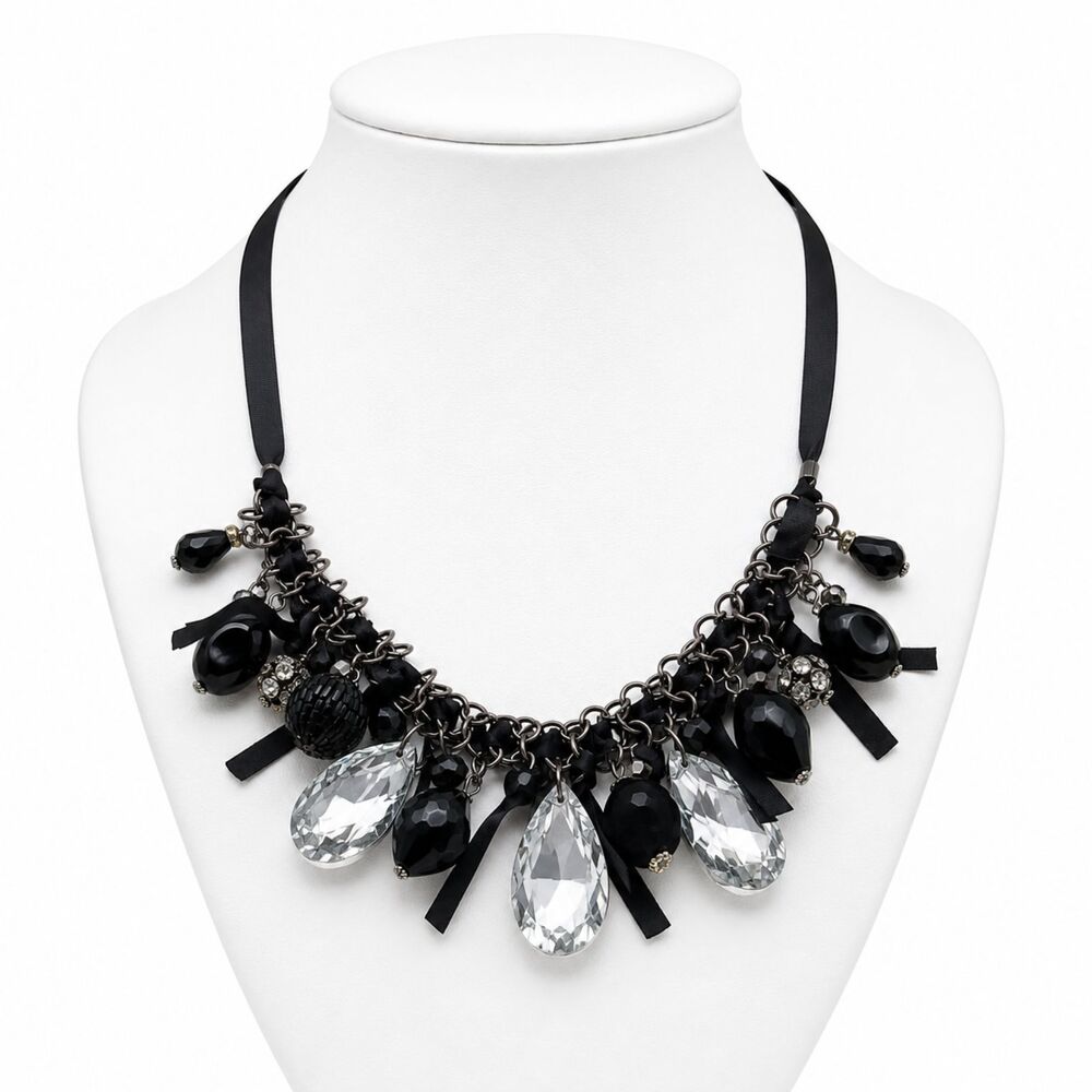Erica Lyons Black Faceted Bead Crystal Teardrop Bib Statement Ribbon Necklace